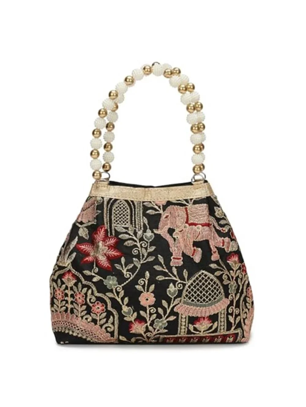Vintage Peacock Floral Embroidered Potli Bag with Pearl Beaded Handle, Evening